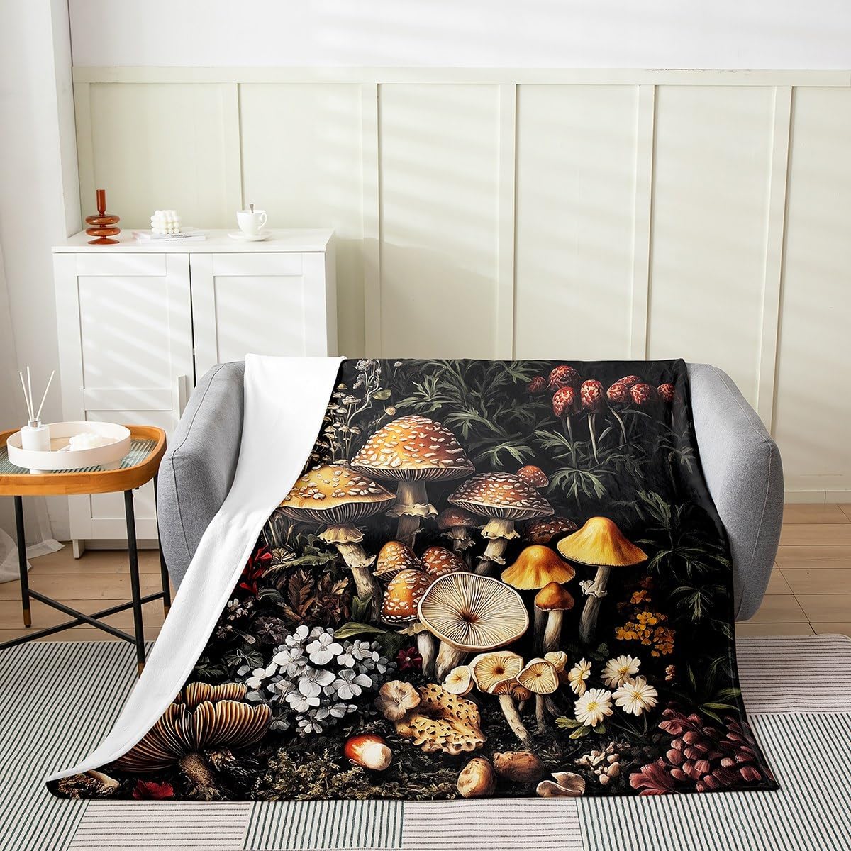 3D Mushroom Printed Throw Blanket Queen 90x90,Mushroom Decor Curtain Blanket,Bohemian Boho Plant Floral Flannel,Wild Botanical Fungus Jungle Room Decor for Adults Girls Women,Black,Soft Lightweight