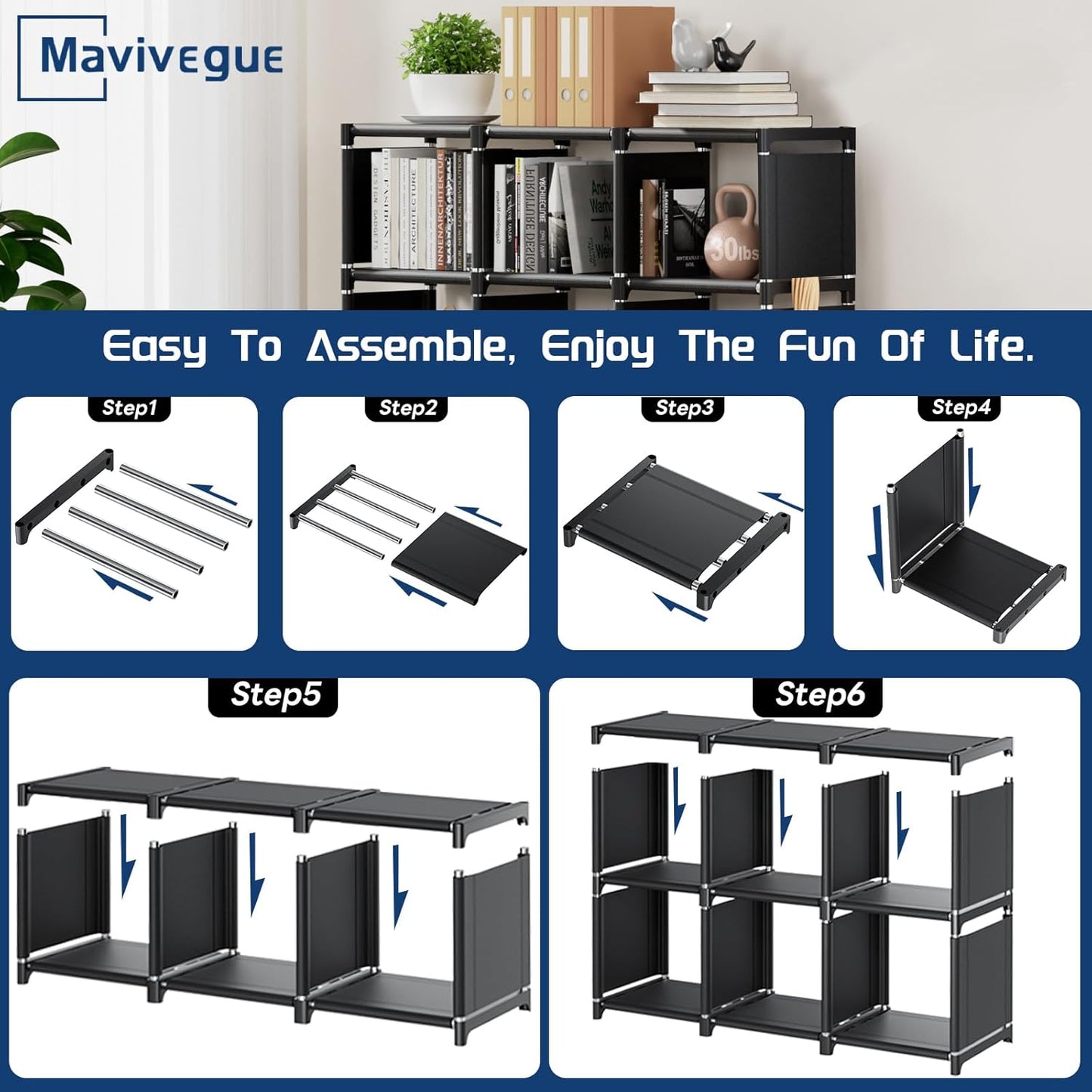 Mavivegue Book Shelf, 6 Cube Storage Organizer, DIY Bookcase, Metal Cube Bookshelf,Tall Book case for Bedroom, Living Room,Office,Closet Storage Organizer, Black Cubicle Storage Rack