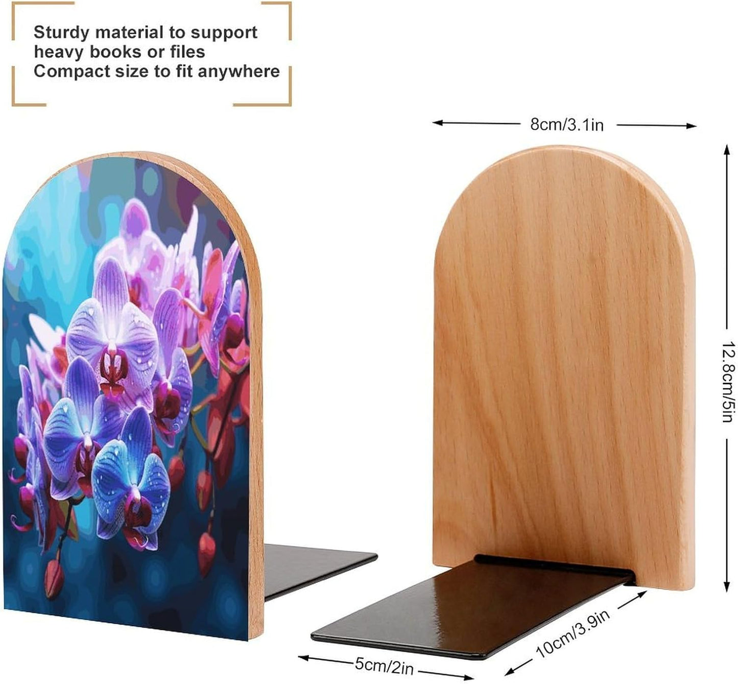 Colorful Orchids Flower Bookends 1 Pair Heavy Duty Book Ends for Shelves Non-Skid Bookend Supports Wooden Book Holders with Metal Base Desk Organizers Books Storage to Hold Books