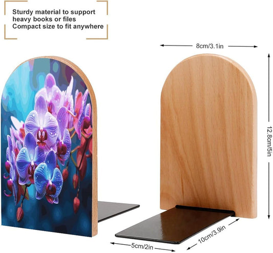 Colorful Orchids Flower Bookends 1 Pair Heavy Duty Book Ends for Shelves Non-Skid Bookend Supports Wooden Book Holders with Metal Base Desk Organizers Books Storage to Hold Books