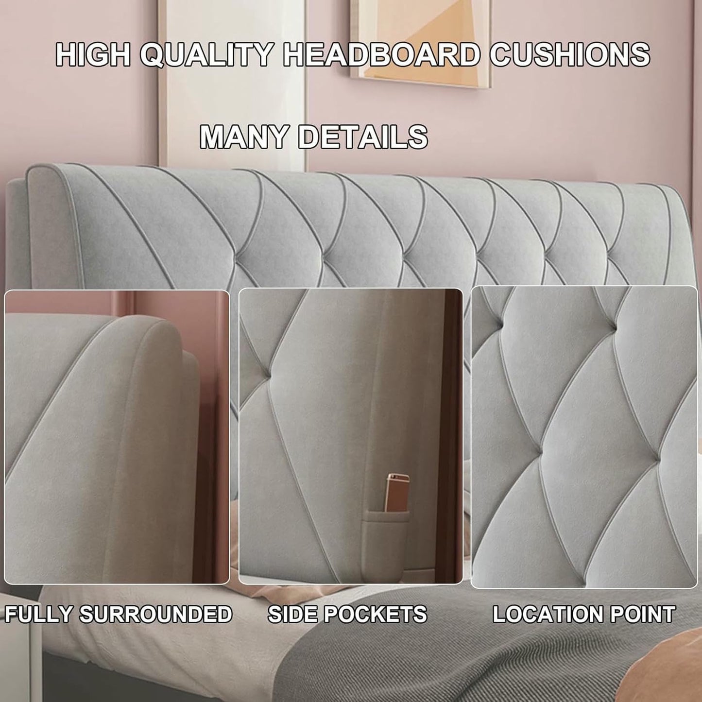 Rectangle Headboard Cushion Bedside Support Cushion Large Backrest,Fleece Reading Pillow Wall Pillowboard Neck Lumbar Upholstered Bedroom Daybed Bolster,Gray1,Straps 79"/King