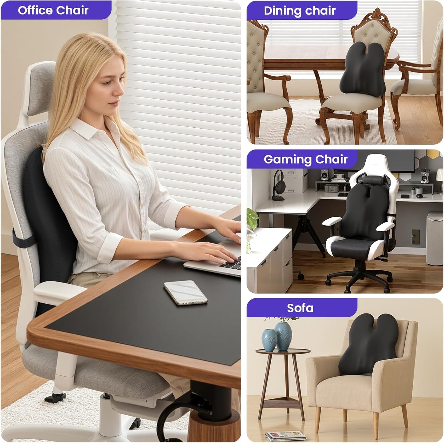 Lumbar Support Pillow for Office Chair - Memory Foam Office Chair Back Support - Ergonomic Lumbar & Back Support Pillow with Strap, Machine Washable Cover (Black)