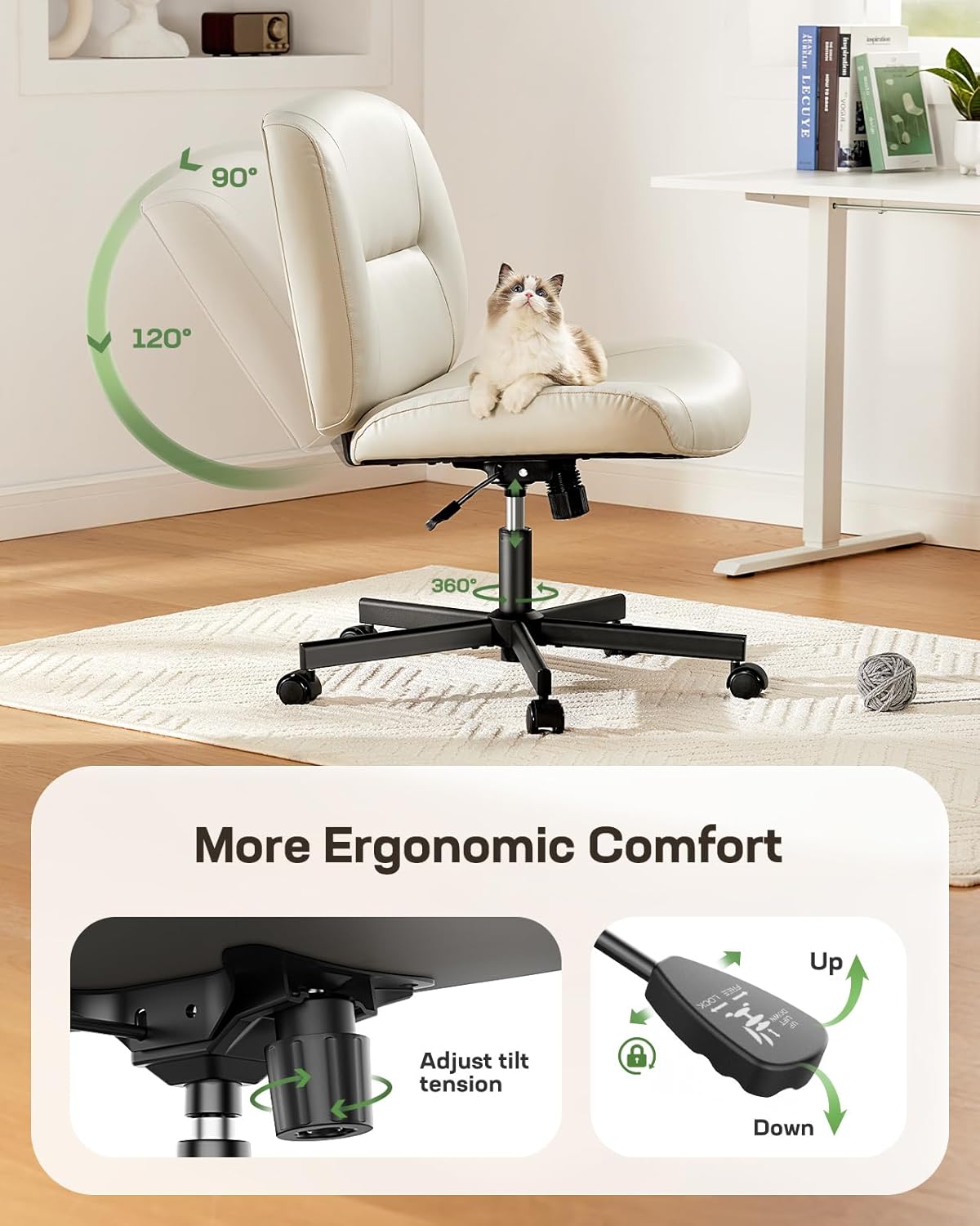 Marsail Modern Criss Cross Office Chair with Wheels, Armless, White PVC Leather, 26" W x 20" D x 42.1" H, 300 lbs Capacity, Ergonomic, Comfortable, Home Office, Computer, Reading, Relaxing, Drafting