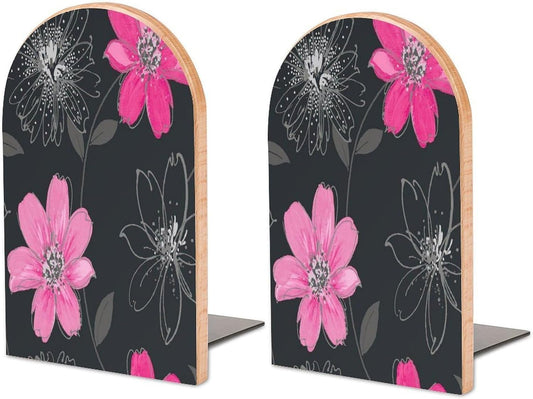 Pink and Black Flower Wooden Bookend Non-Slip Book Ends Heavy Duty Book Stopper with Metal Base Books Holderd Decorative Bookends Stands Firmly for Office Supplies