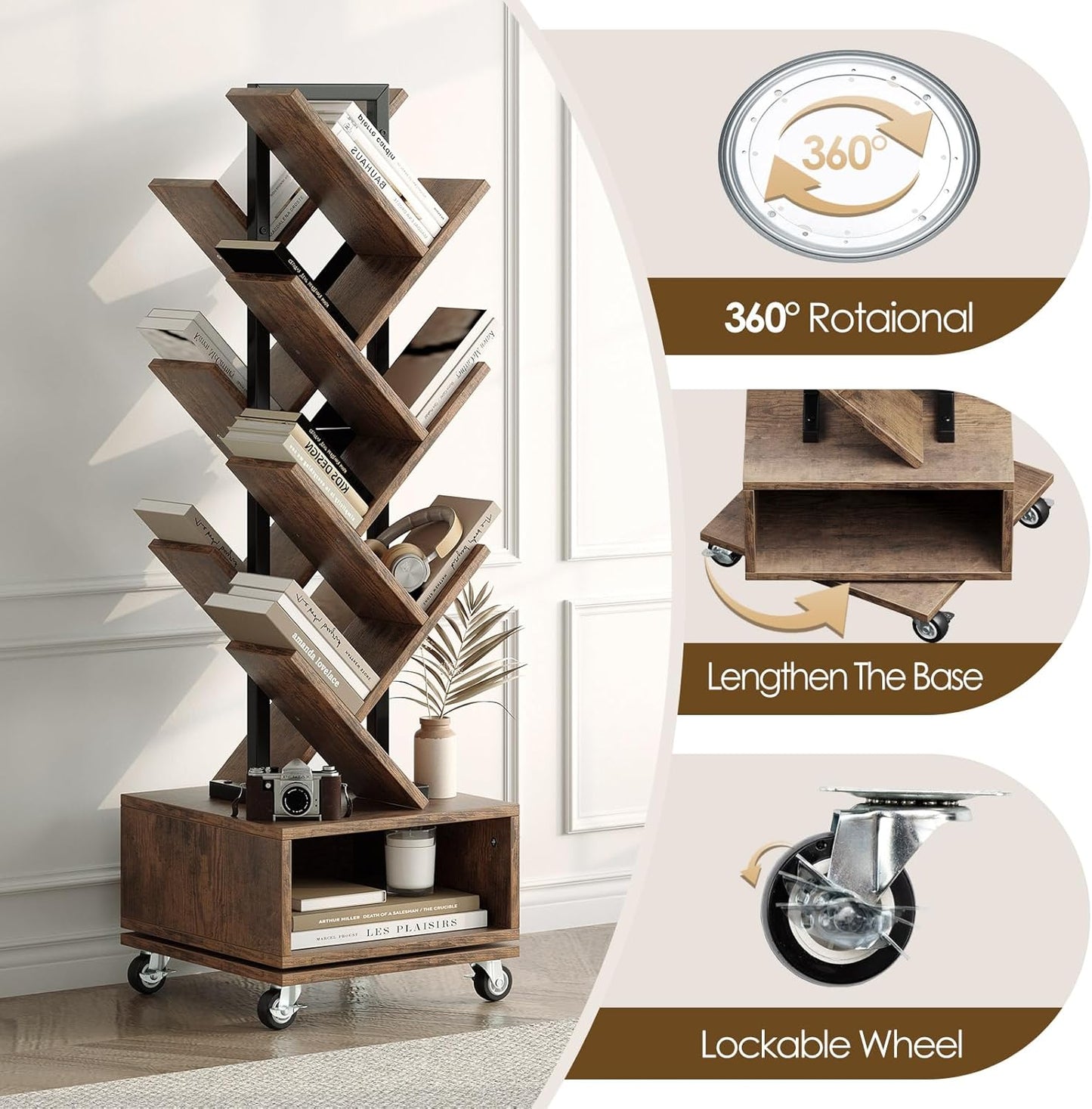 14-Tier Tree Rotating Bookshelf, 360 Degree Spinning Retro Floor Standing Bookcase with Storage Cabinet for Magazines DVDs Books for Small Spaces in Bedroom Living Room Home Office, Rustic Brown