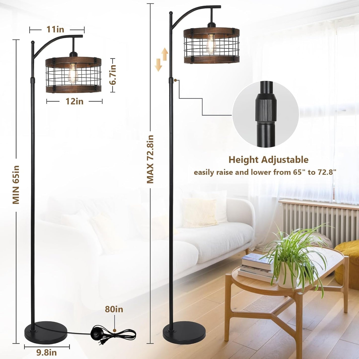 Arc Floor Lamp with Remote & Dimmable LED Bulb, Vintage Wood Floor Lamps for Living Room, Industrial Black Standing Lamp with 3 Color Temperature, Farmhouse Rustic Tall Lamp for Bedroom Office Corner