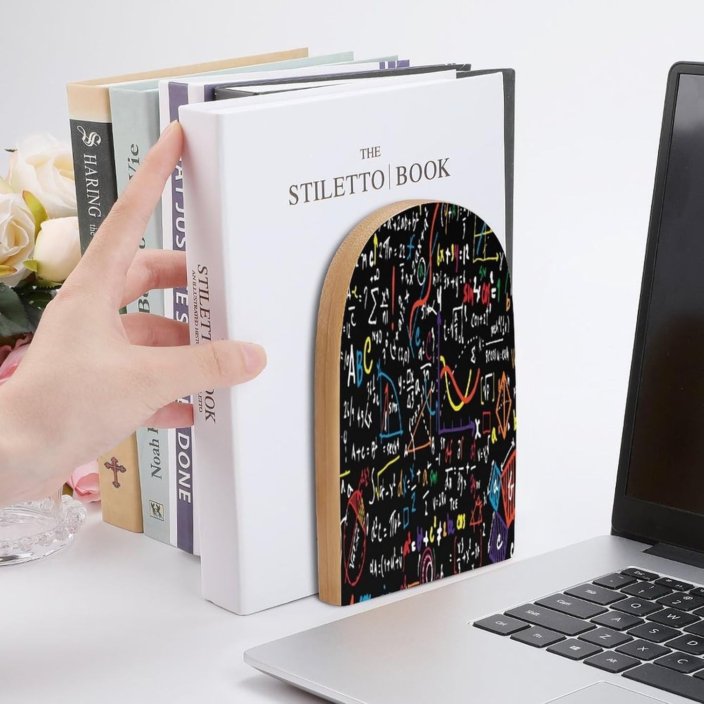 Mathematics and Physics Wooden Bookend Non-Slip Book Ends Heavy Duty Book Stopper with Metal Base Books Holderd Decorative Bookends Stands Firmly for Office Supplies
