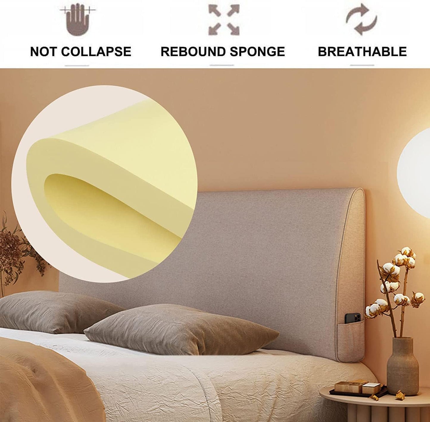 Large Cotton Linen Headboard Bed Backrest Pillow Filled Soft Wedge Cushion Wall Pillows Positioning Support Reading Pillow(Size:Paste 70.8"/180cm,Color:Beige)