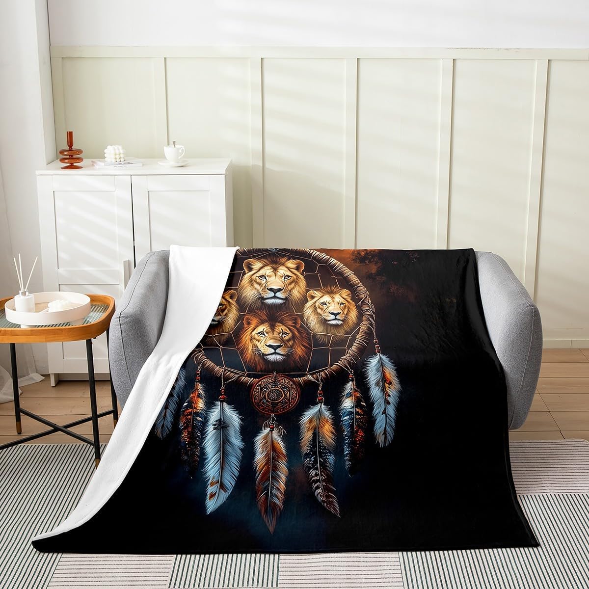Feelyou Lion Plush Throw Blanket Queen 90"x90" Dreamcatcher Flannel Fleece Blanket Animal All Season Bed Blanket Boho Dream Catcher Decor Blanket Room Decor Indian Hippie Feather Print