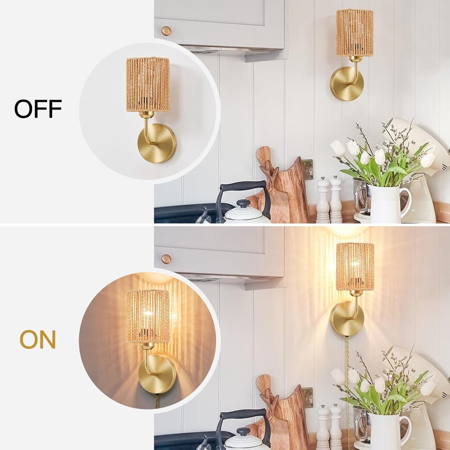 Wall Sconce Light Plug In Set of 2, Stepless Brightness Hand Woven Rattan Wall Light with Dimmable ON/OFF Cord Switch, Gold Brass Metal Wall Mounted Light, Boho Lamp for Bedside Bedroom Living Room