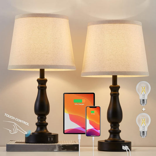 Lamps for Bedroom Set of 2,Touch Bedside Table Lamp with USB C+A Ports,Dimmable Nightstand Lamps with Round Fabric Linen Lampshade for Living Room Reading Bed Side End Table,Bulbs Included