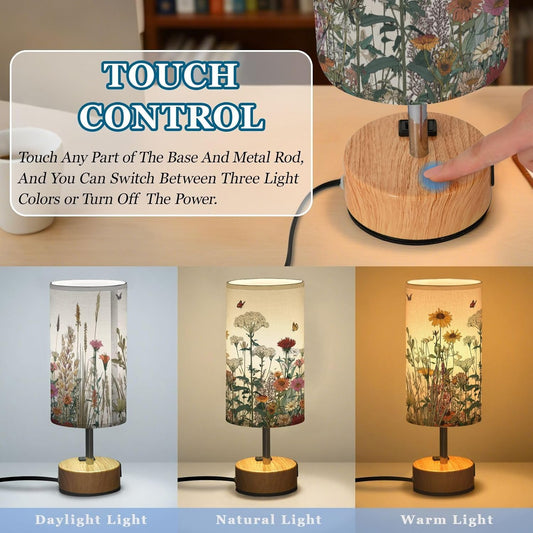 Dimmable Vintage Farmhouse Wildflowers Table Lamp with 2 USB C Charging Ports & AC Outlet, Touch Lamps for Nightstand Bedside Small Lamp Night Stand Side Light for Bedroom/Desk, 14 in