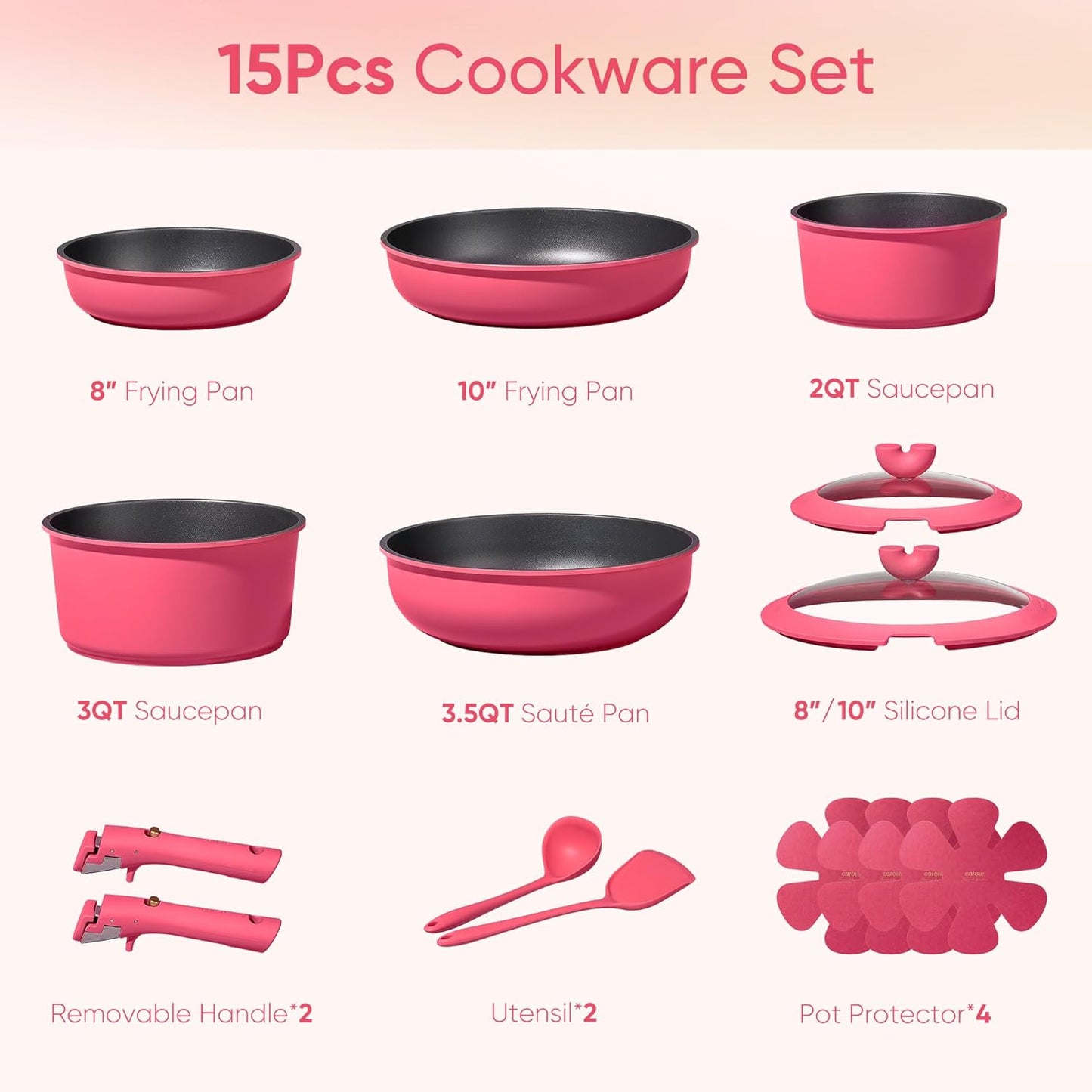 CAROTE 15pcs Pots and Pans Set Non Stick, Cookware Set Non Toxic with Detachable Handle, Induction Kitchen Cooking Set, Dishwasher/Oven Safe, RV/Camping Cookware