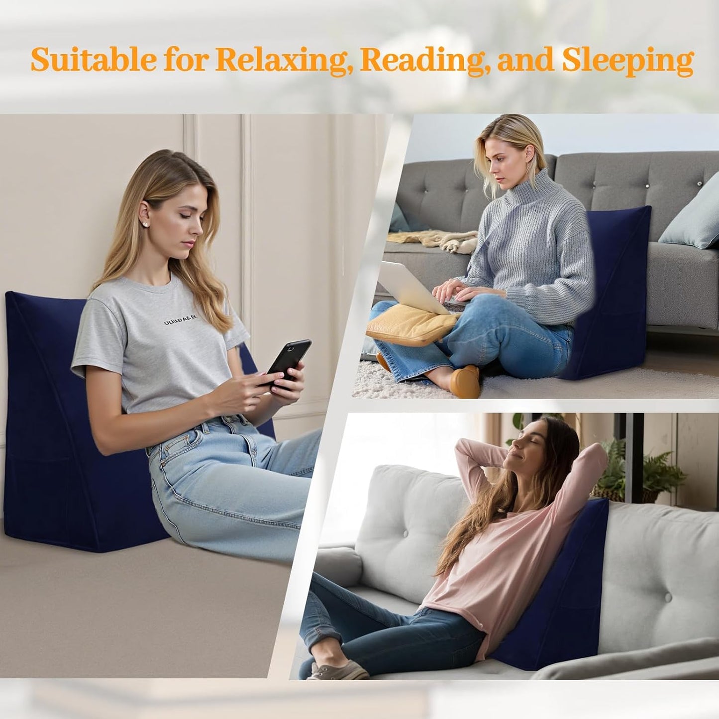 Wedge Headboard Pillow Reading Backrest Pillows for Sitting in Bed Sofa Dorm with Removable Cover Side Pockets Dutch Velvet Fabric Dark Blue