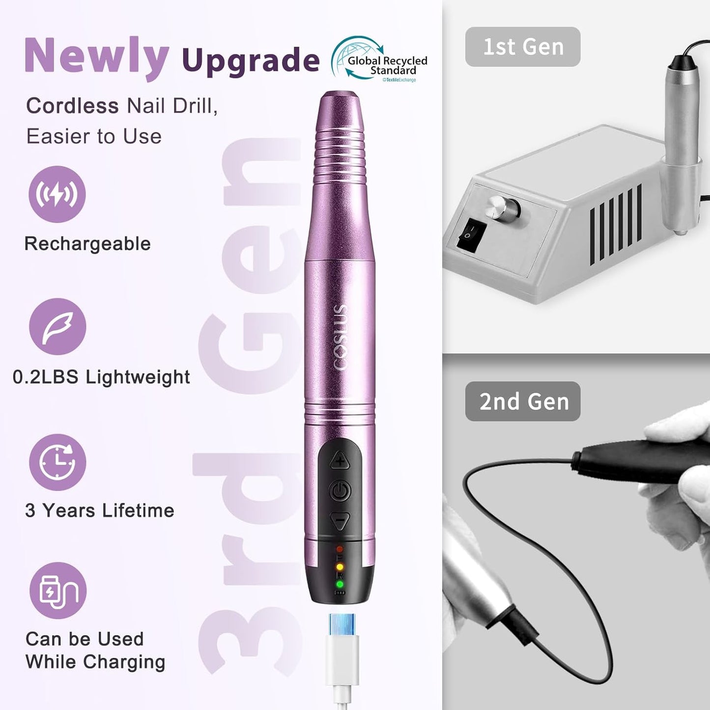 COSLUS C20 Cordless Nail Drill Electric File: Professional for Acrylic Gel Dip Powder Nails Portable Nail Drill Machine Kit for Manicure Pedicure Nail Set with Everything Rechargeable Lightweight
