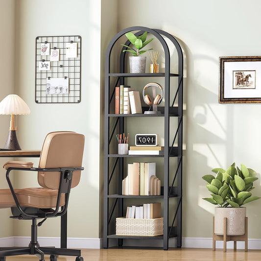 HOOBRO Bookshelf, 5-Tier Bookshelf Arched Display Racks, Industrial Bookcase with Metal Frame, Book Shelf Storage Organizer for Living Room, Office, Bedroom, Black BB425SJ01