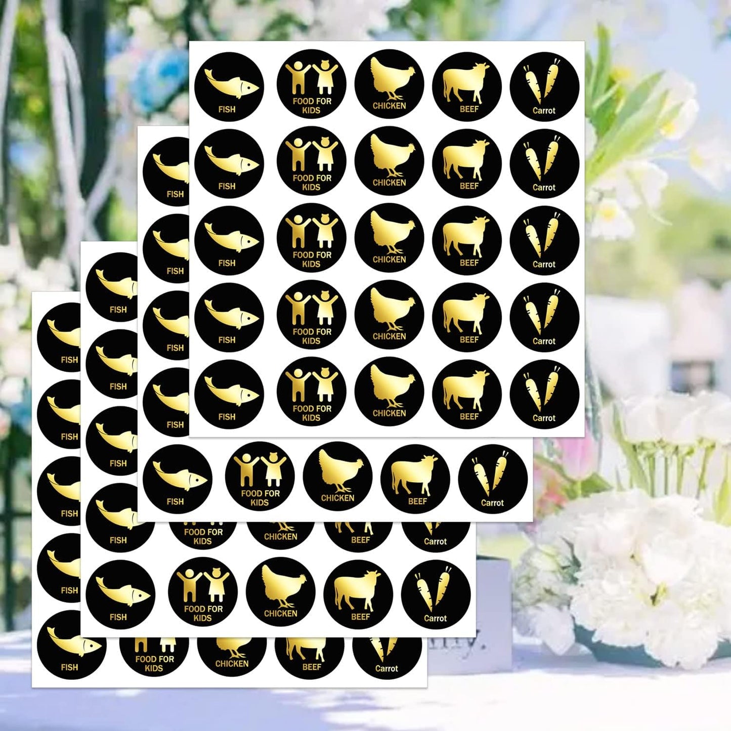 0.6 Inch 300Pcs Gold Wedding Meal Choice Indicator Sticker Meal Stickers - Beef Carrot Chicken Fish Food for Kids Stickers for Wedding and Birthday Party