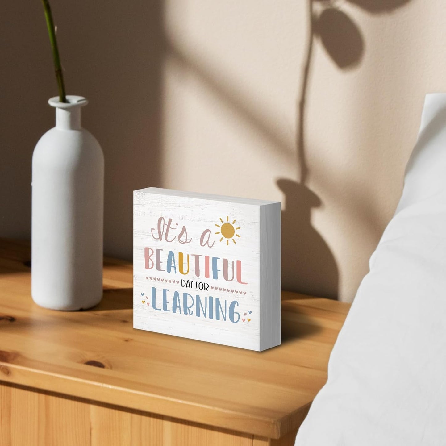 Boho Classroom Wood Box Sign Desk Decor 5x5, Inspirational Kids Learning Wooden Block Sign Decorations for Home Classroom Playroom Nursery Reading Nook Reading Room Wall Tabletop Shelf