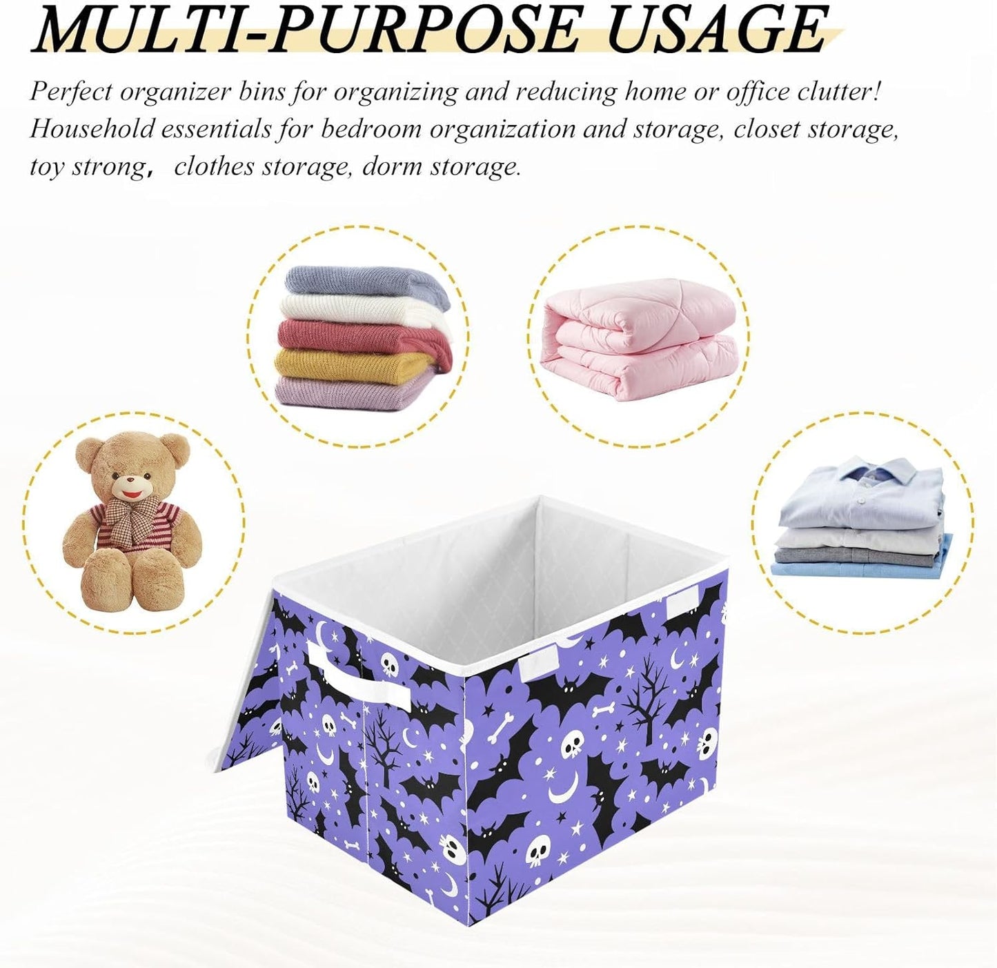 Halloween Bat Skull Moon Star Storage Bin with Lid Foldable Storage Box Washable Fabric Storage Cubes Bin Organizer Basket Closet for Home Bedroom Closet Nursery Office
