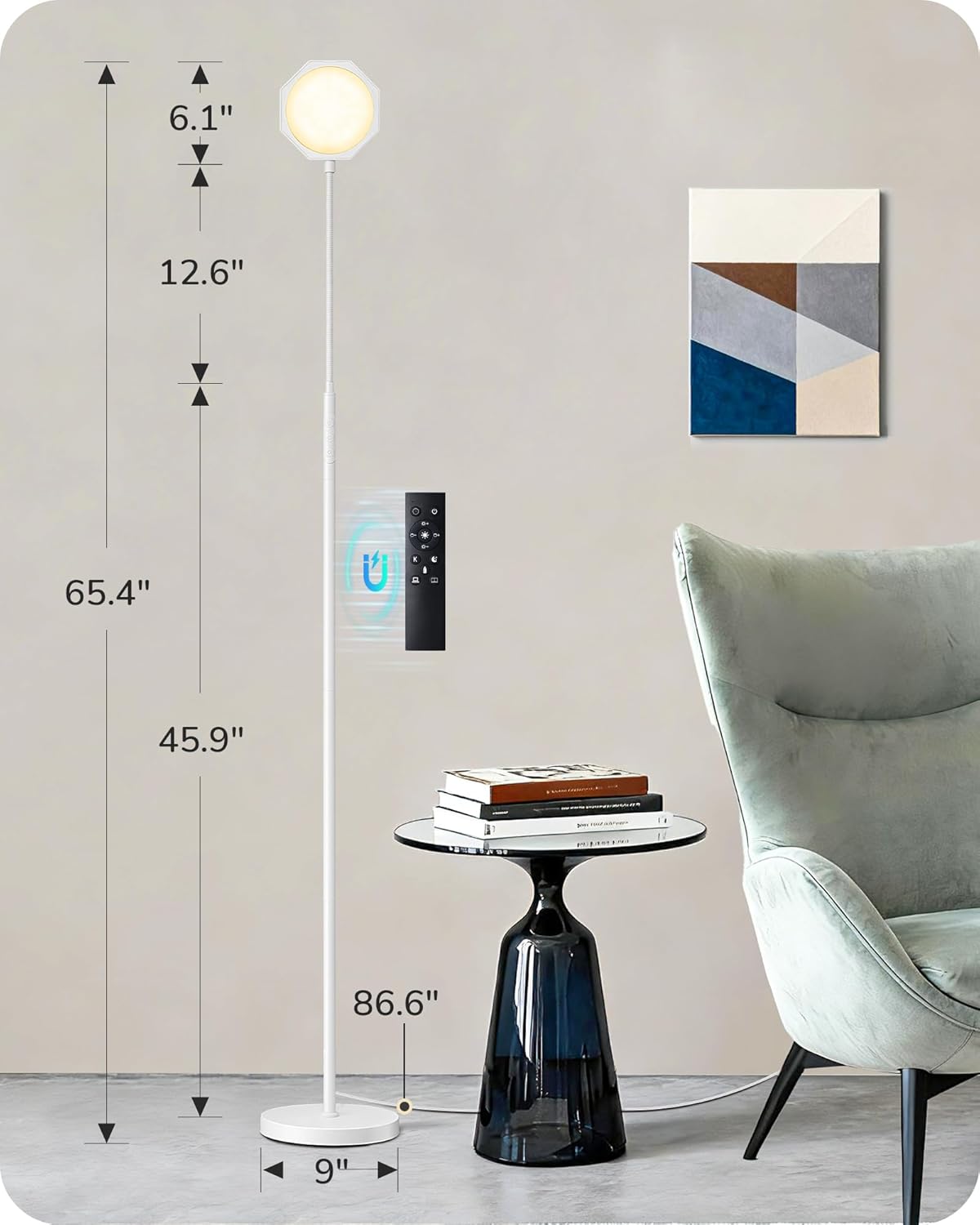 EDISHINE Gooseneck Floor Lamp, 1300LM LED Floor Lamps for Living Room, 4CCT Color Temperature Dimmable Standing Lamp, Remote & Touch Control, 30/60Min Timer Reading Light for Bedroom Office White