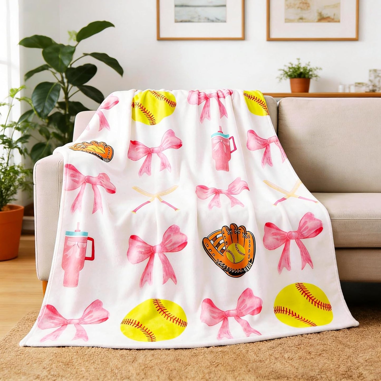 Pink Softball Bow Blanket 50x60 Inch Pink Coquette Bow Flannel Throw Blanket Team Gifts for Girls Women, Cozy Fleece Sports Blanket for Couch Bed Game Day Team Coach Senior Night