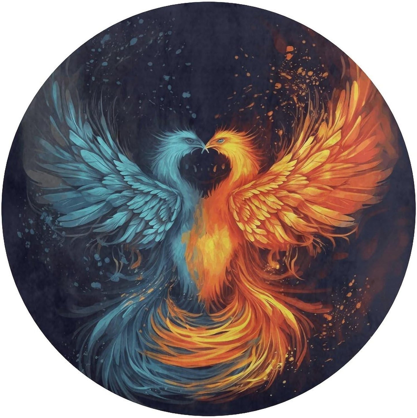 Fire and Water Phoenix Circle Rug Retro Luxury Coral Velvet Floor Mat Non Slip Soft Indoor Floor Carpet Comfy Thickened Area Rugs Modern Aesthetic Minimalist Carpets for Home Decor