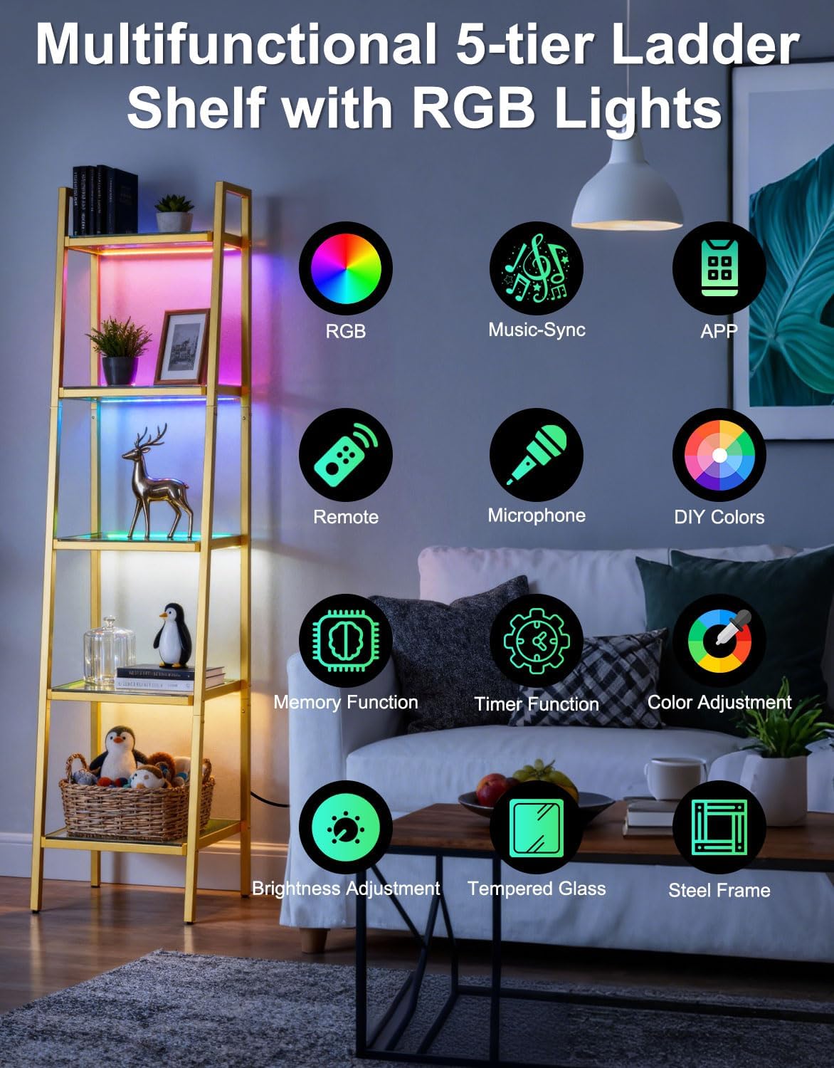 5-Tier Glass Display Shelf with RGB Light, 67" Ladder Bookshelf, Music Sync & 3 CCT, Dimmable App/Remote, Modern Freestanding Corner Storage Rack, Metal Organizer for Living Room Home Office, Gold