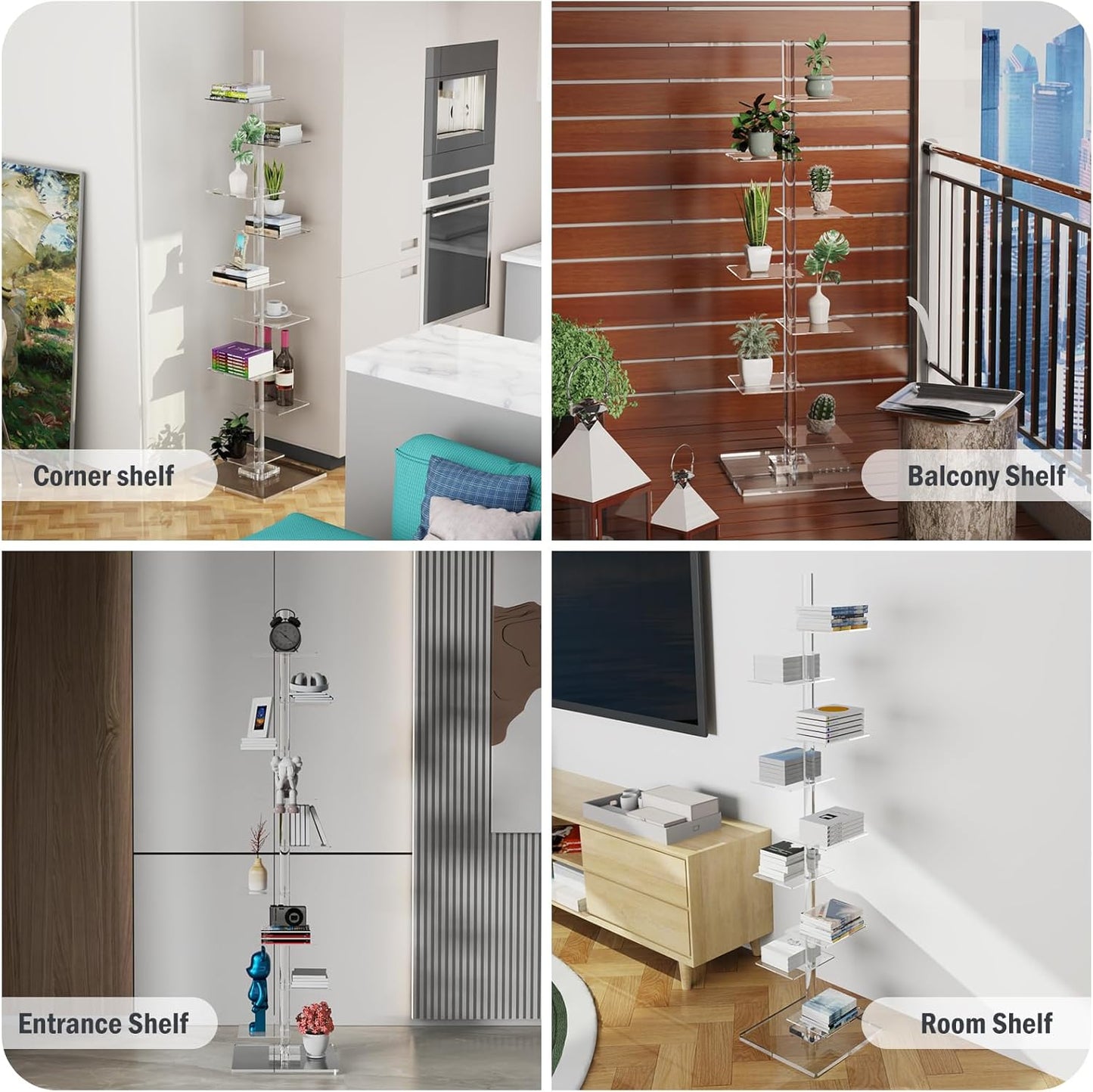 Nynelly 9 Tier Acrylic Bookshelf Invisible Bookshelf, Height Adjustable Vertical Spine Book Tower, Floor Standing Bookcase Display Shelf for Books,Decor, DIY Open Bookcase for Office, Living Room
