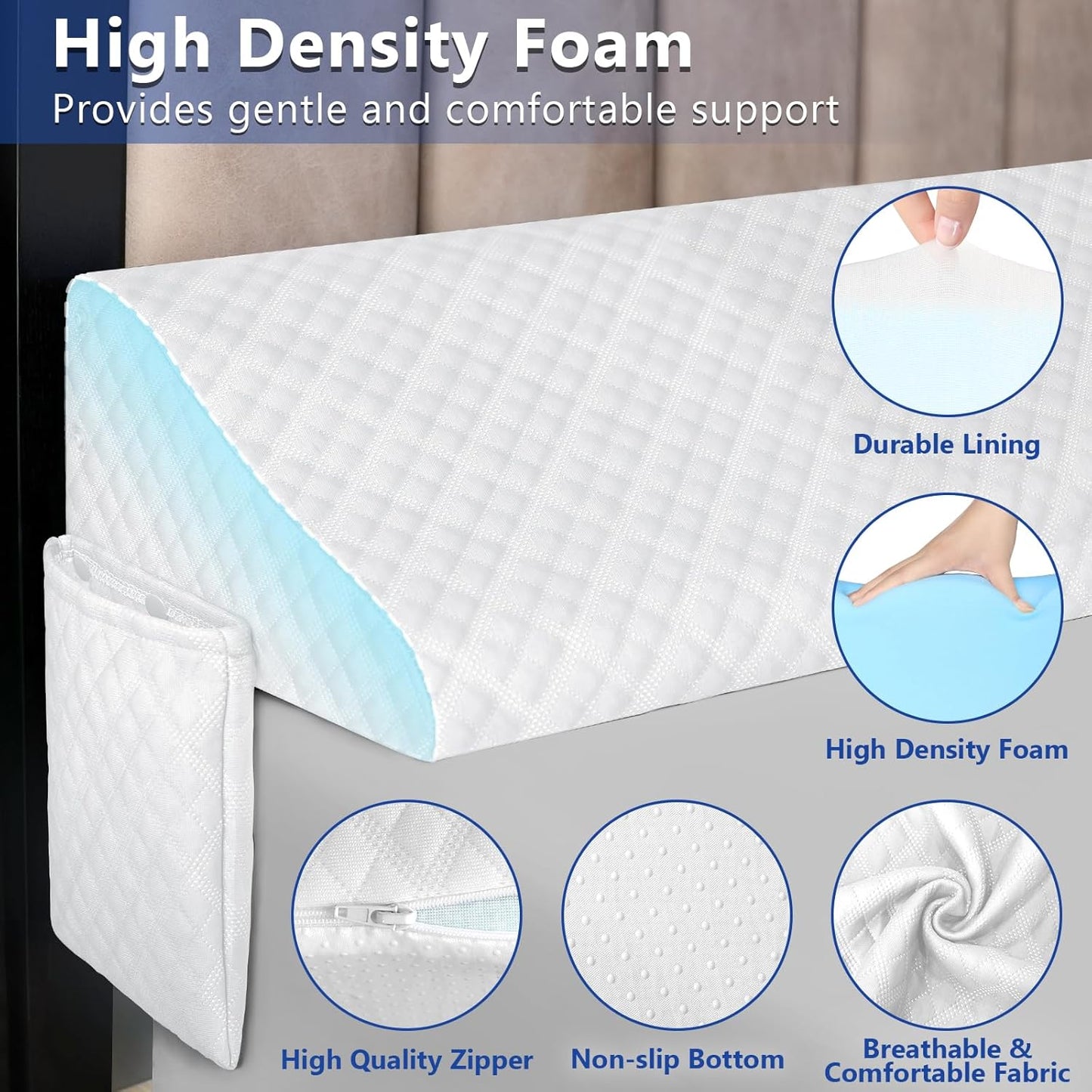 Kayfia King Size Bed Wedge Pillow for Headboard Bed Gap Filler with Pocket Close Gap (0-8") Prevent Pillow Loss Triangle Foam Mattress Filler for Gap Between Wall and Mattress (White, 76"x10"x6")