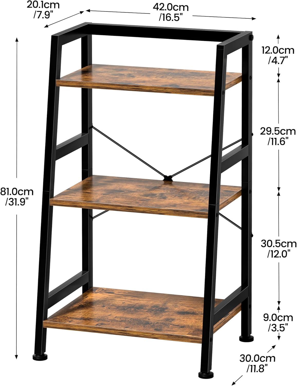 3-Tier Bookshelf, Ladder Shelf, Industrial Bookcase with Steel Frame, Metal Small Bookcase, stand up shelves for Living Room, Home Office, Kitchen, Bedroom, Industrial Style（Rustic Brown & Black）