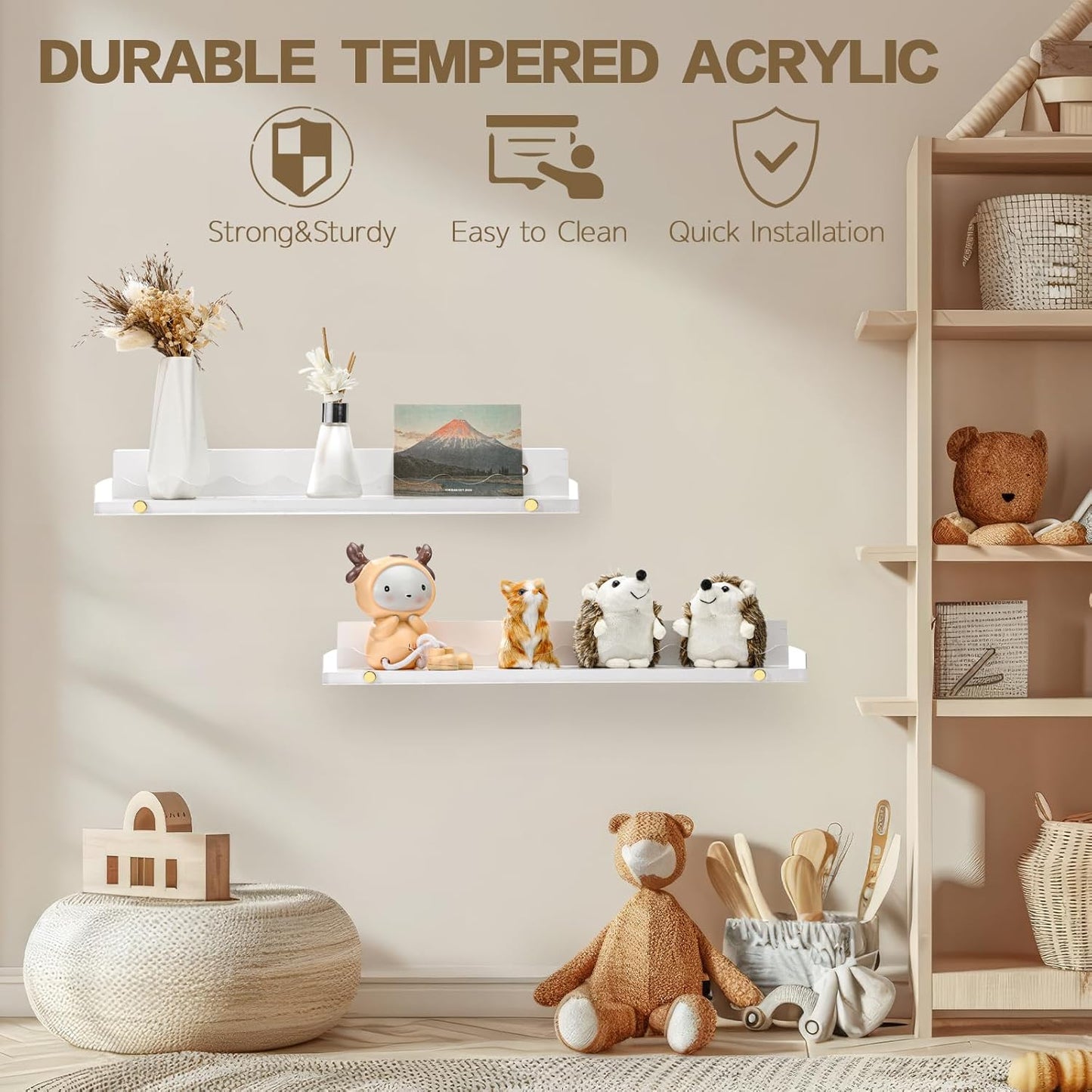 16.5 Inches Nursery Book Shelves for Wall, 4-Pack Clear Acrylic and Wooden White Floating Rack for Bedroom Kids, Scalloped Book Shelves, Toddler Room, Playroom & Nursery Decor (White)