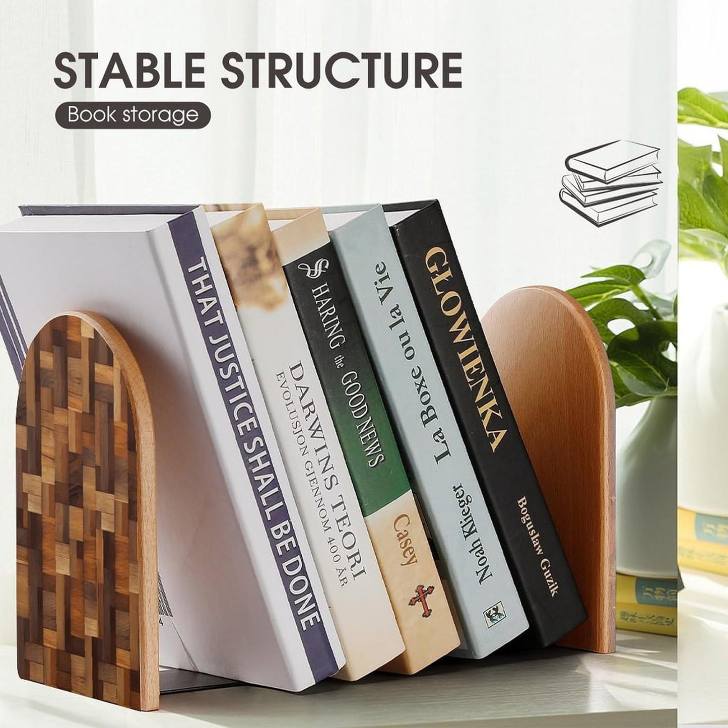Wood Bookend for Shelves Wooden Book End Large Size Sturdy Book Holders Stoppers with Metal Base for Bookshelves Slick Decorative Bookends Stands