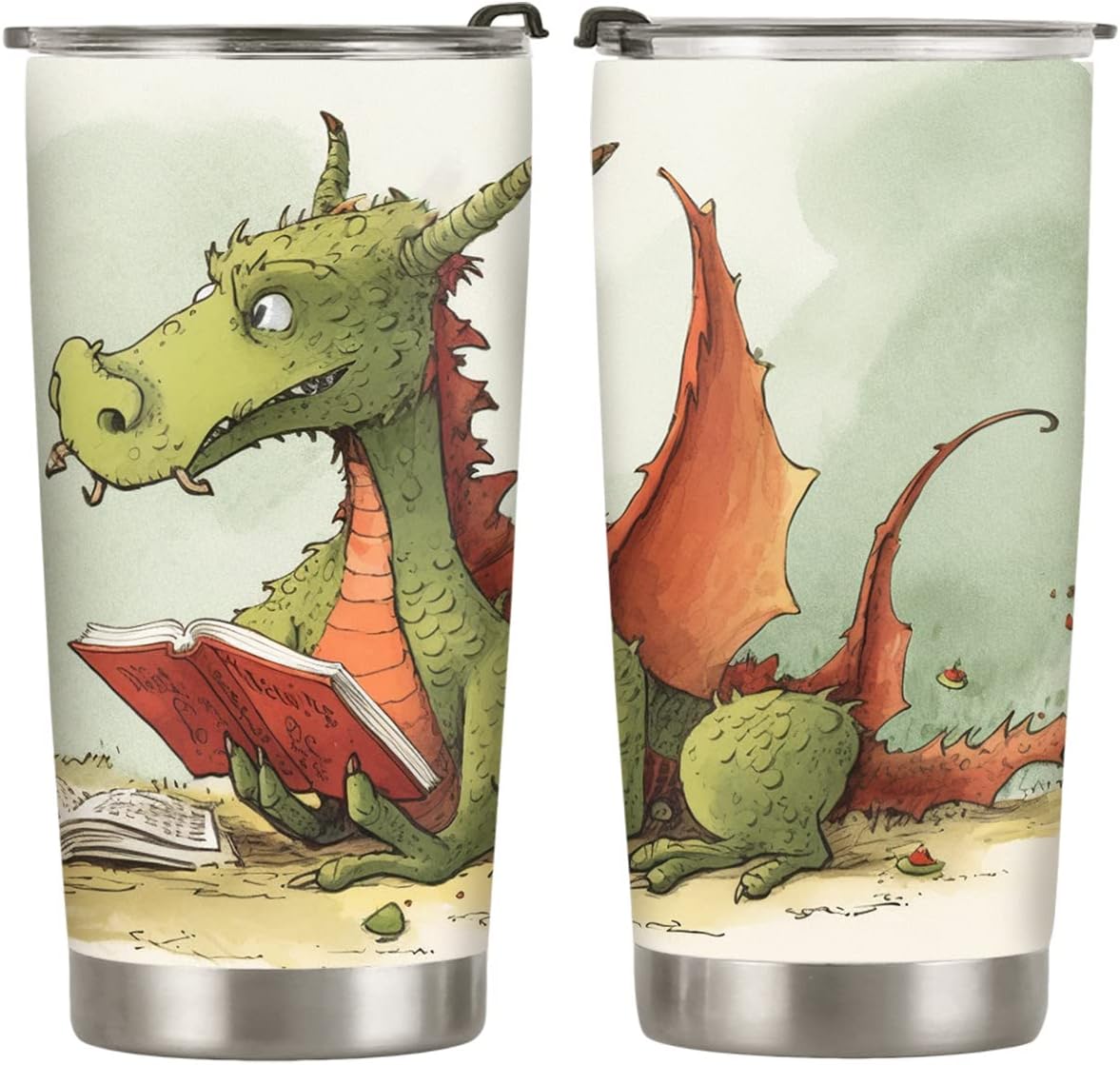 20oz Colorful Painting Book Dragon Tumbler, Librarian, Reading Gifts for Dragon Lovers, Coffee Tumbler for Women, Stainless Steel Double Wall Vacuum Insulated Coffee Mug, Travel Cup with Lid
