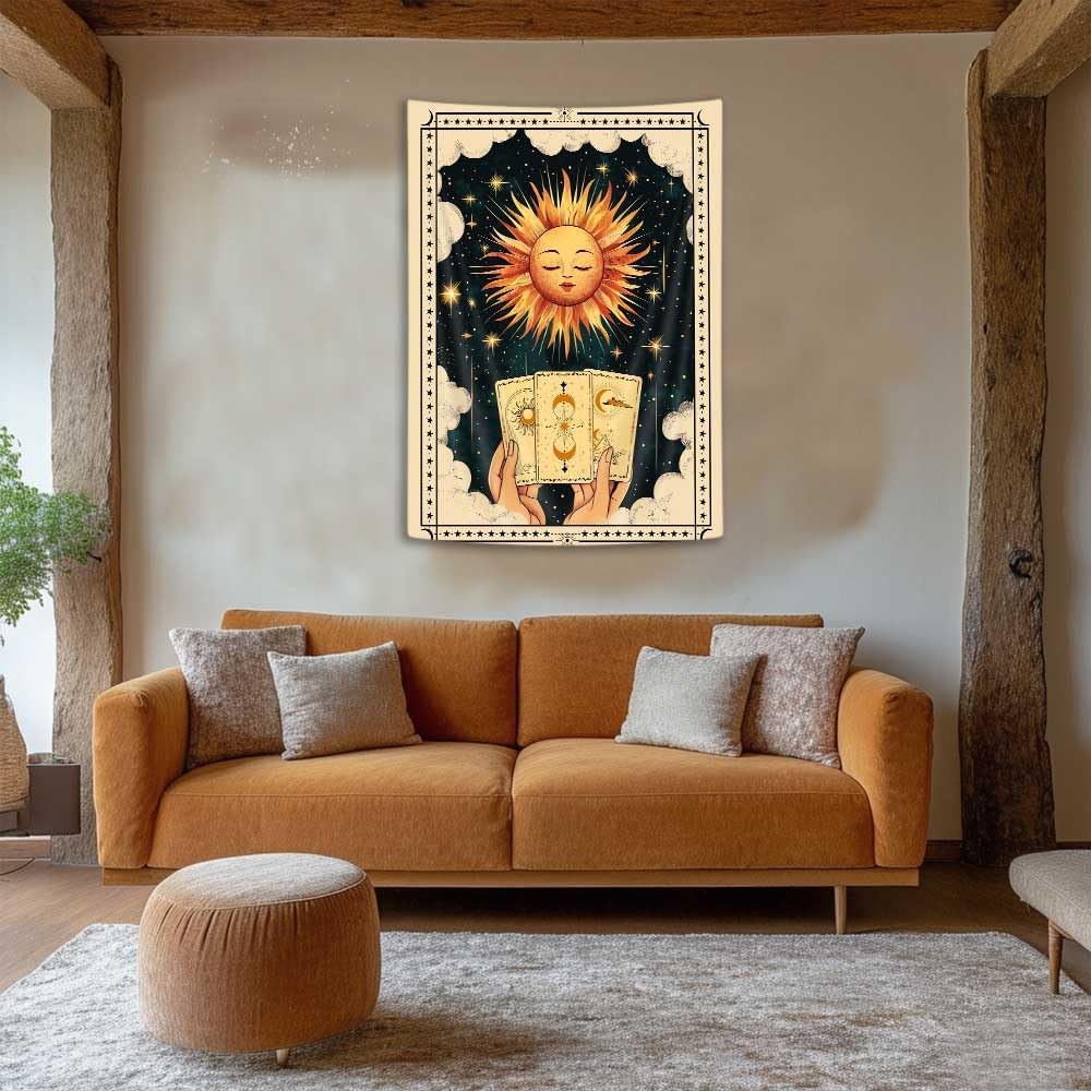 40X60 Inch Tarot Tapestry Wall Hanging - Sun & Moon Star White Cloud Psychedelic Boho Decor, Vintage Spiritual Art for Bedroom & Living Room, Orange Throw Blanket & Mystic Tarot Card Tapestrys