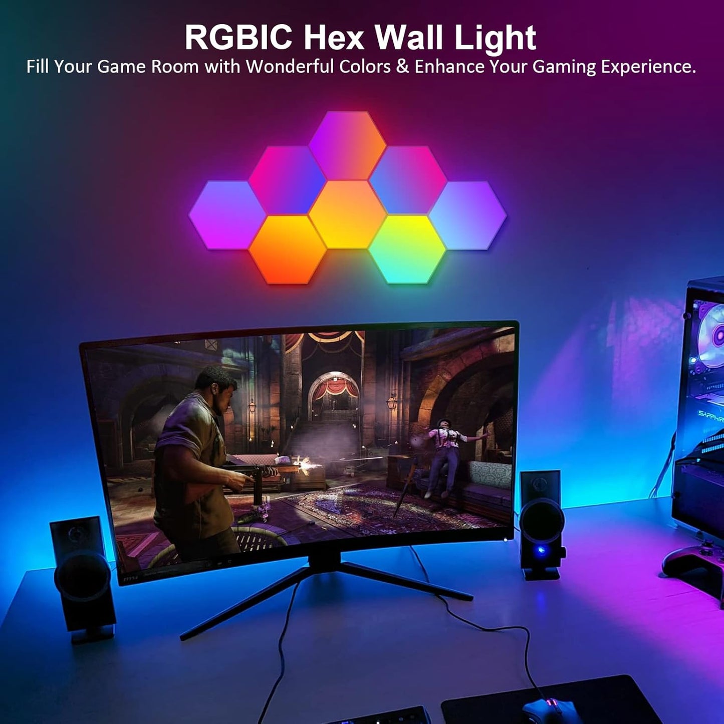 OJQ 8 Pack Hexagon Lights Wall RGB Panel - Hexagonal Led Lights Room Decor Wall Lights Gifts for Men/Women Honeycomb Shape Panels Hexagon Gaming Led Lights for Bedroom Children