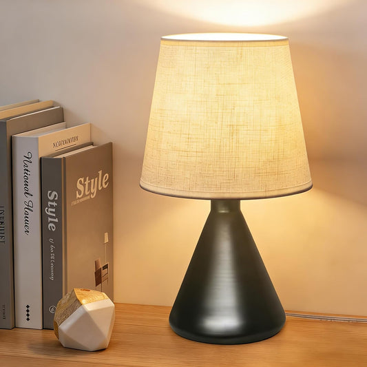 Hyphenx USB Powered Farmhouse Bedside Lamp 10 dimming Steps 3 Color Modes for Bedroom, Nightstand Table Lamp with Fabric Shade, Desk Lamp for Kids Reading and Home Office （Black）