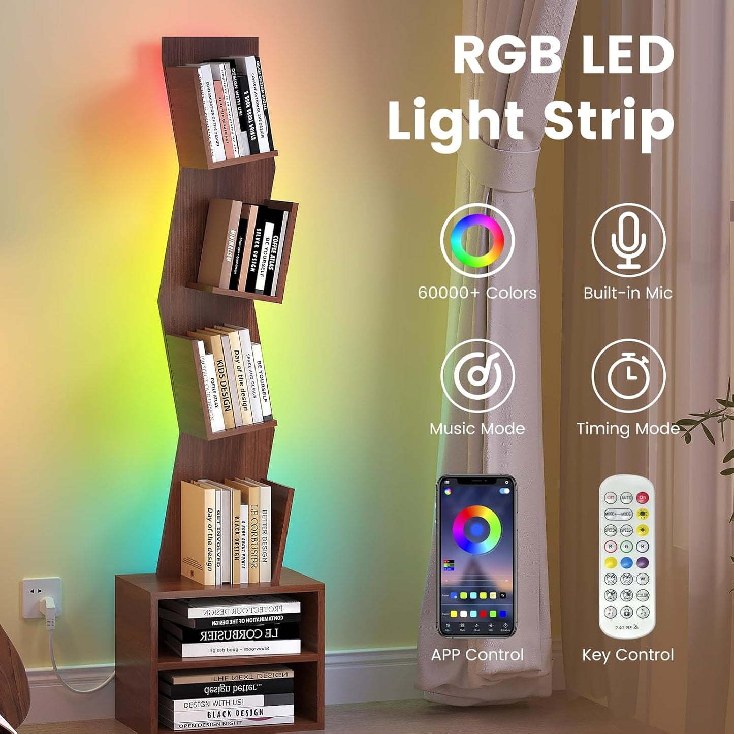 6 Tier Tree Bookshelf,Small Book Shelf with LED Lights,Corner Bookcase,Book Organizer Shelves,Floor Standing Book Shelves for Living Room,Home Office,Living Room,Vintage Rustic Brown