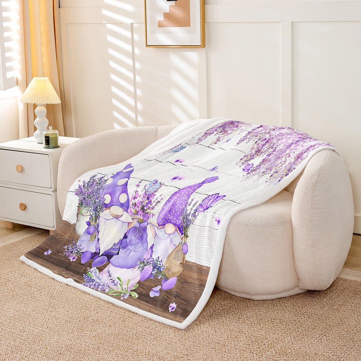 Manfei Cute Gnomes Throw Blanket Purple Vine Flower Butterfly Blanket for Couch Sofa, Lavender Bouquet Bed Blanket for Kids Boys Girls, Soft and Breathable Fleece Blanket(50 x 60 Inches)