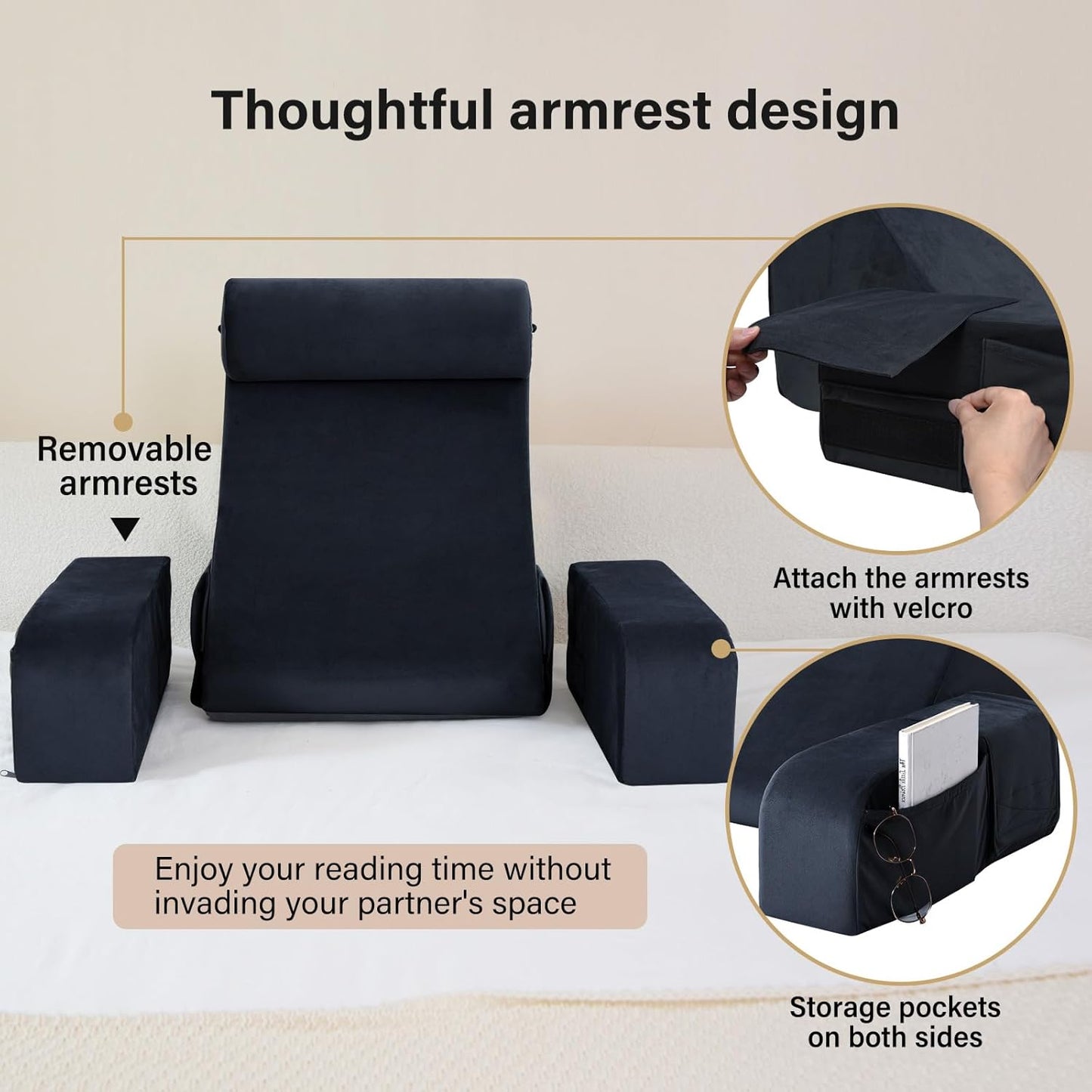 ENITYA Back Pillow for Bed Sitting up, 19" Reading Pillow for Sitting in Bed Adult, Back Support Pillow with Arms for Watching TV/Reading/Gaming/Resting, Medium(Black)
