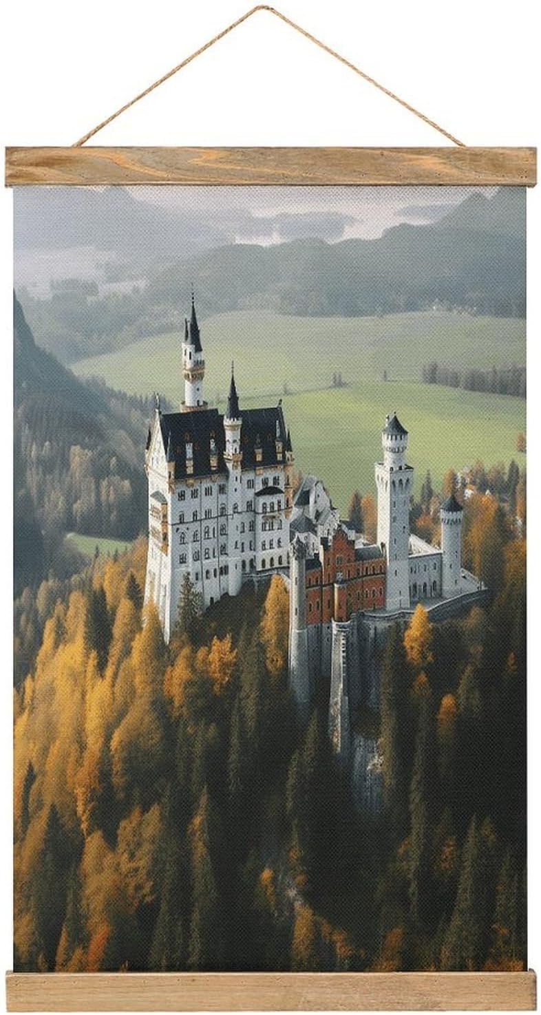 Vintage Germany Neuschwanstein Castle Poster with Wooden Frame Personalized Linen Hanging Scroll Painting Rustic Wall Hanging Illustrative Modern Artwork Decor for Home Living Room Bedroom Office