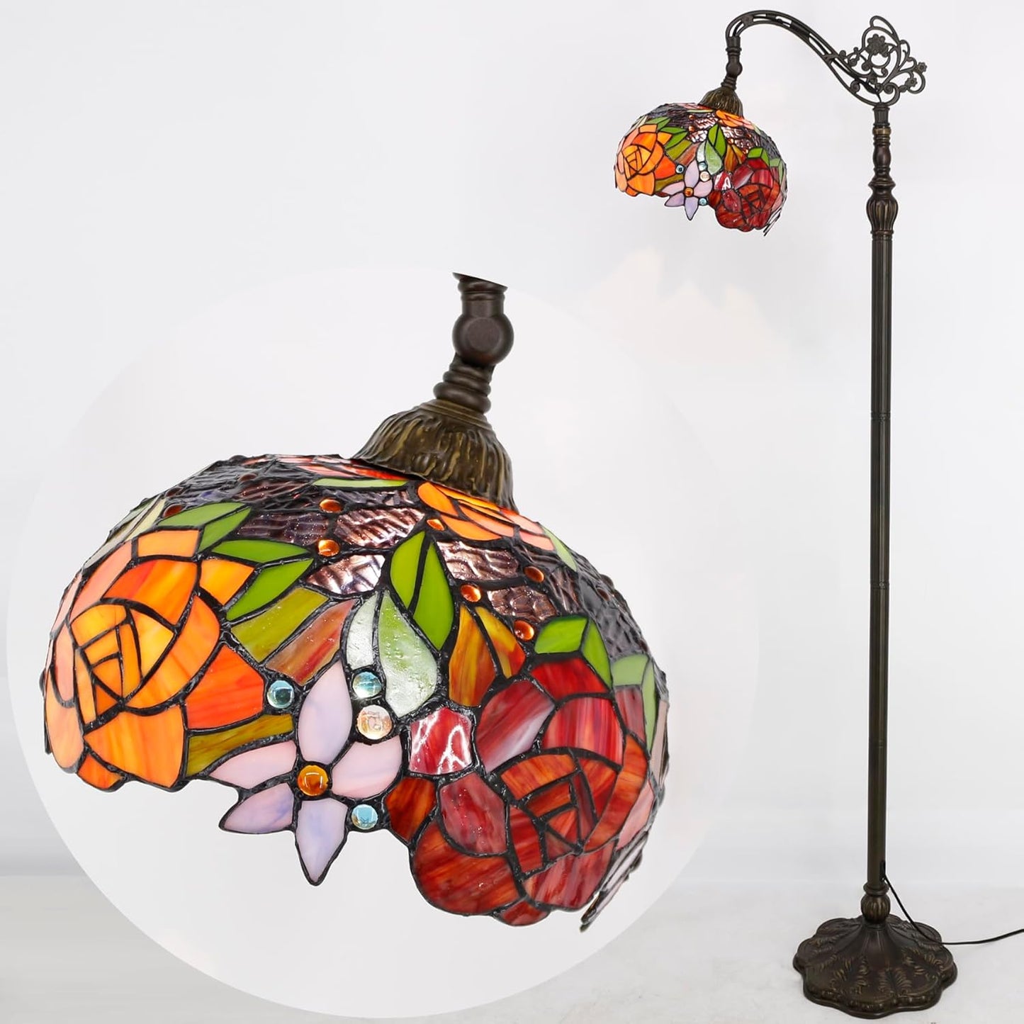 WERFACTORY Tiffany Floor Lamp Red Rose Flower Stained Glass Arched Lamp 10X18X64 Inches Gooseneck Adjustable Corner Standing Reading Light Decor Bedroom Living Room S001 Series