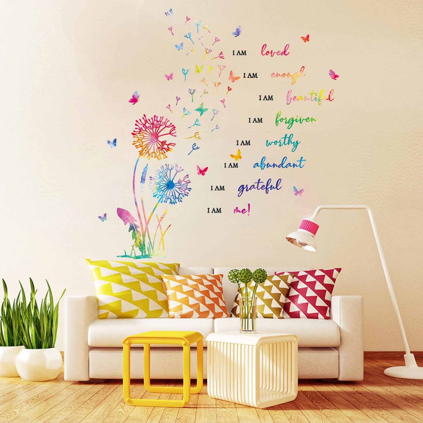 HLNIUC Dandelion Inspirational Saying Wall Sticker 75PCS Butterfly Positive Affirmation Wall Decal Flora Motivational Quotes Peel and Stick Wall Stickers Flower Inspiring Wall Decals for Girl Bedroom