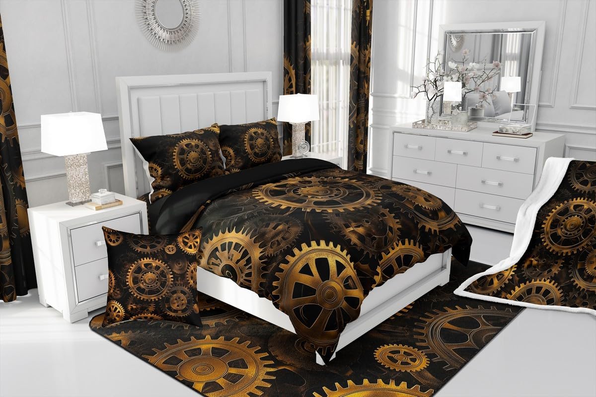 Erosebridal Golden Ndustrial Gear Fuzzy Blanket Steampunk Style Throw Blanket Clocks Theme Bed Blanket for Boys Men Mechanical Device Fleece Blanket Twin Warm Flannel, Black