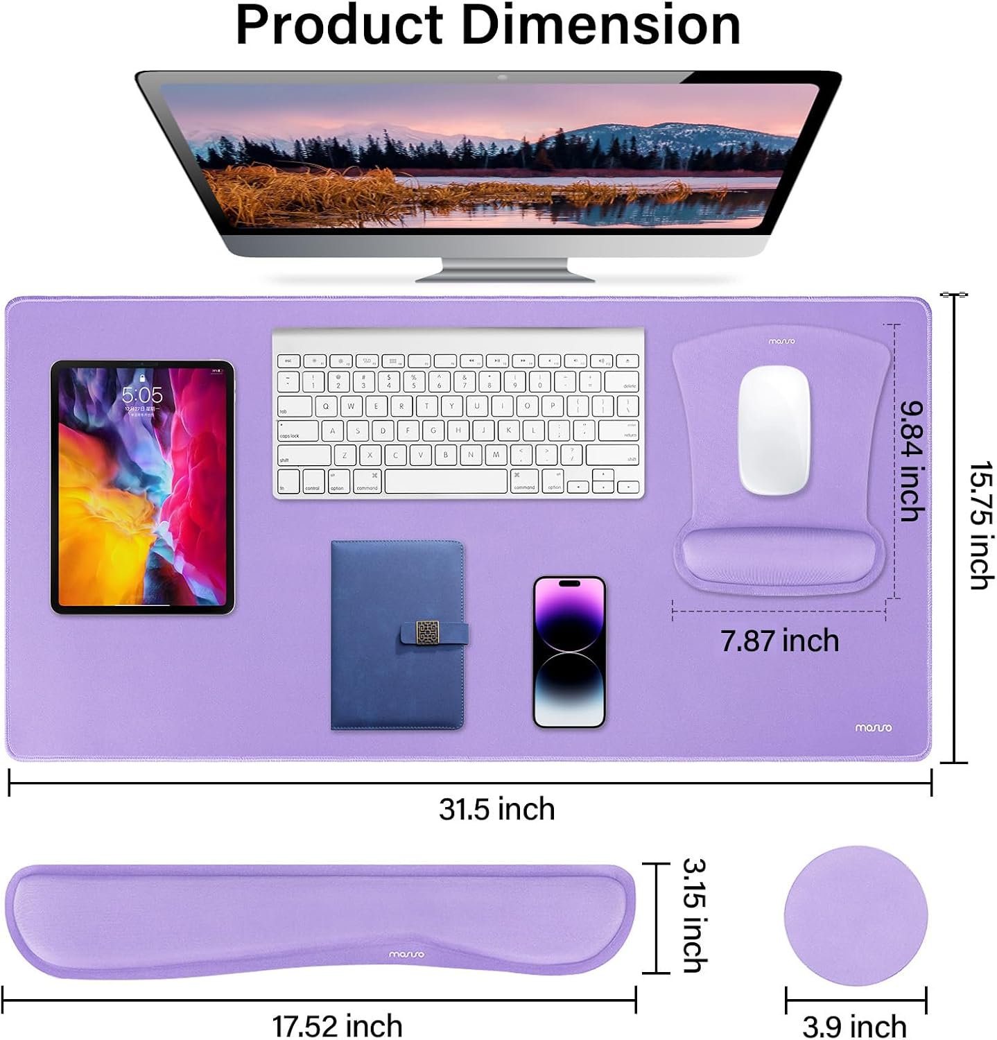 MOSISO Keyboard Mouse Pad Set, Large Gaming Mousepad&Keyboard Wrist Rest&Mouse Wrist Rest&Coaster, Ergonomic Non-Slip Mousepad&Easy Typing Cushion with Memory Foam for Home Office, Purple