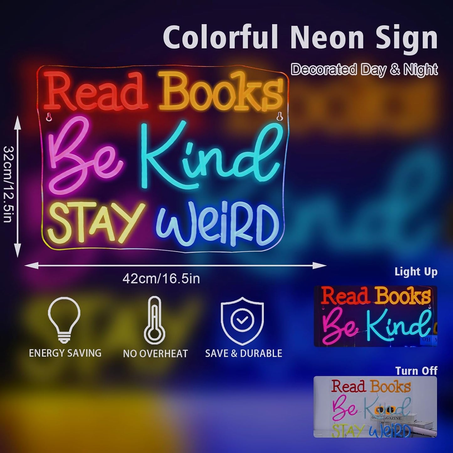Ineonlife Read Books Be Kind Stay Weird Neon Sign Classroom Neon Lights Girls Club For Wall Decor Colorful Light Up Sign For Boys Bedroom Living Room Bookstore Library Bookish Decoration Teen Gifts