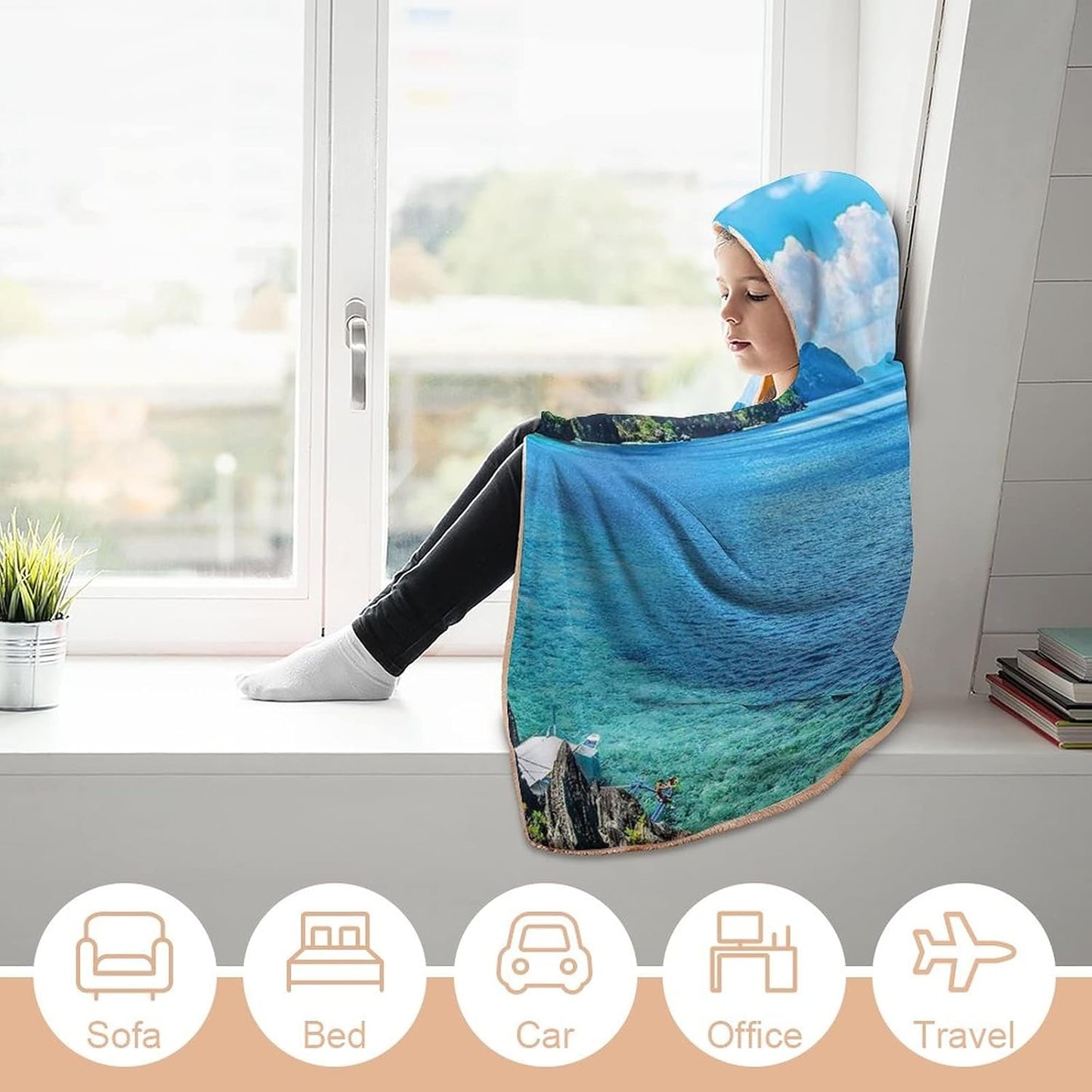 Throw Blankets, Nature Women Men Hooded Blanket, Scenic View Sea Bay and Mountain Islands in, Soft Warm Cozy, 40 x 50inches, Studying Reading Snuggling Napping Office, Blue Green White