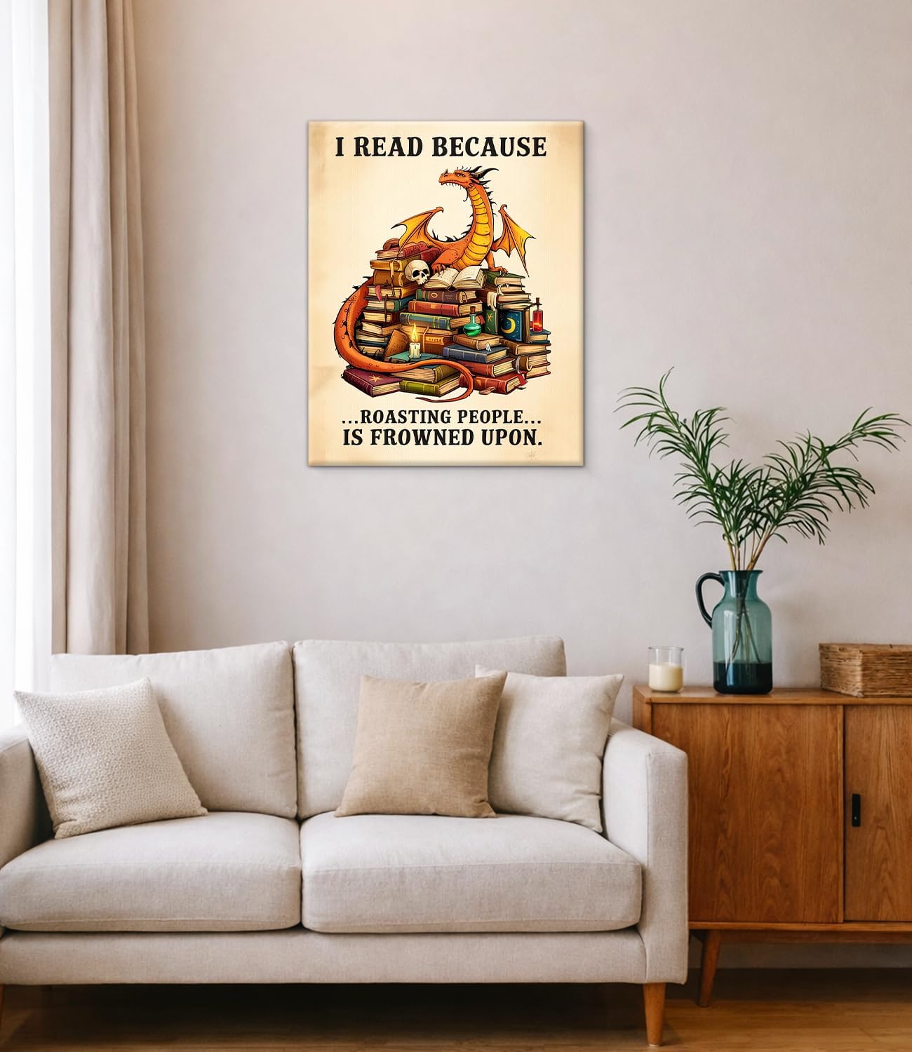 Vintage Bookish Dragon Wall Art Print - Funny Dragon Books Canvas Poster Painting - Book Lover Gifts Wall Decor for Home Reading Nook Library 8x10 Inch Framed