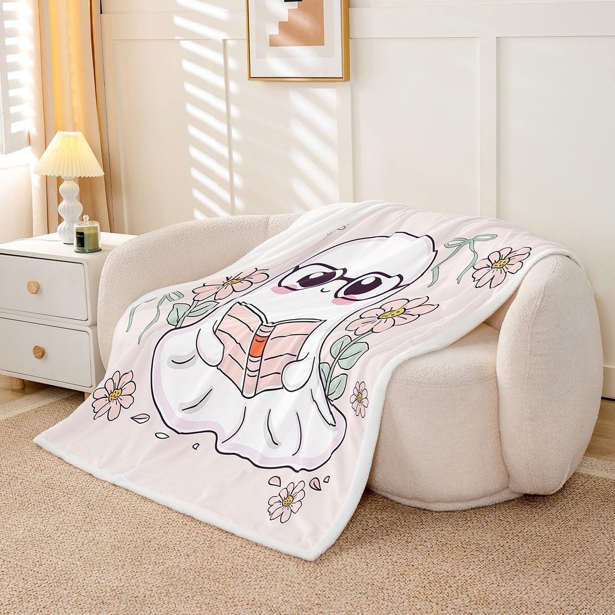 Erosebridal Kawaii Ghost Fleece Blanket Twin 60x80 Pink Spooky Ghost Reading Sherpa Blanket for Sofa Couch Halloween Flowers Fuzzy Plush Throw Soft Warm Exotic Goth Pattern
