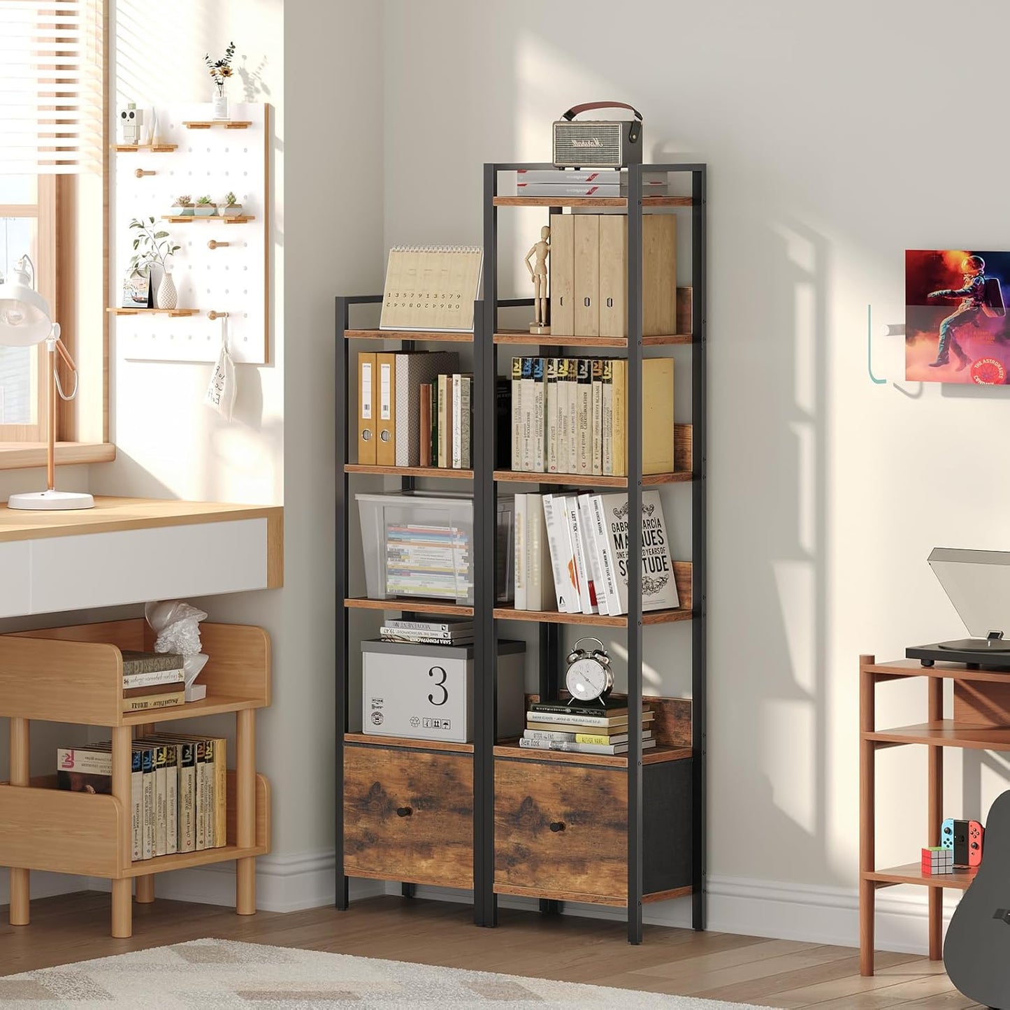 Bookshelf, 6-Tier Bookcase with Drawer, Small Book Shelf for Small Space, Storage Shelf Organizer, for Living Room, Bedroom, Study, Kitchen, Rustic Brown and Black BKHR66101