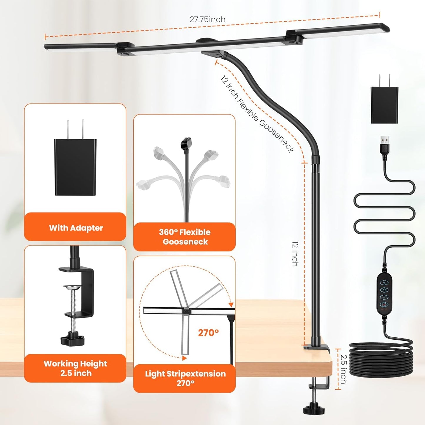 LED Desk Lamp for Office Home, Eye Caring Clip on Desk Light with Clamp, Architect Task Lamp Stepless Dimming, Computer Monitor Table Lamp 3 Head Adjustable Desk Lamp for Reading Study Workbench Black